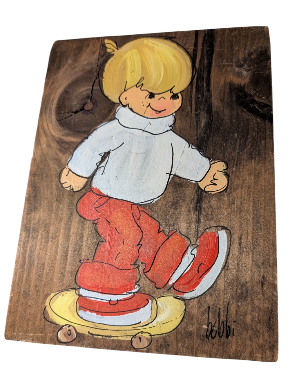 60s 70s Vintage Hand Painted On Wood Boy On‎ Skateboard Artwork 8x10